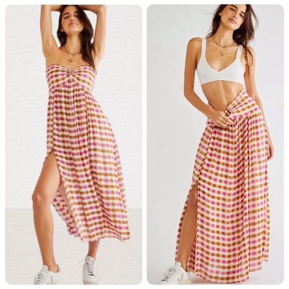 Free People Diana Convertible Dress Skirt M Pink Brown Check Gingham Cottagecore - Picture 13 of 13